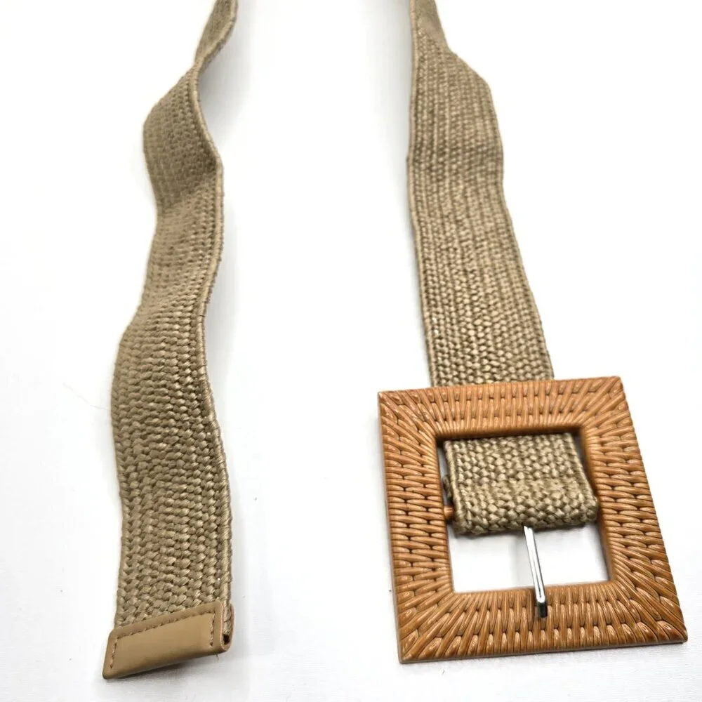 Women's Boho Beach Brown Beige Woven Elastic Straw Like Elastic Big Buckle Belt